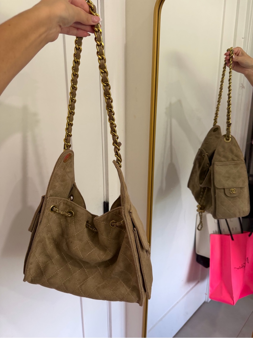 Suede Quilted Shoulder Bag with Gold Chain - Brown
